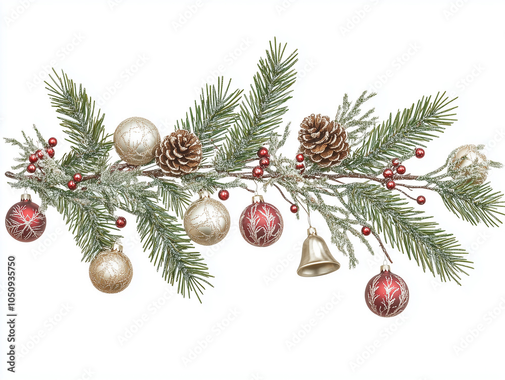  A festive Christmas pine branch, adorned with elegant holiday decorations that capture the warmth and magic of the season. The branch is lush with deep green needles and embellished with delicate orn