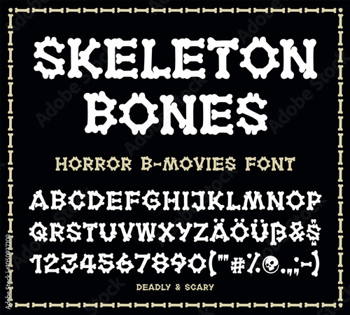 Bones font for Halloween or horror movie logo or poster design. Hand drawn typeface, bold capital letters  numbers and symbols made of bones and joints on a black background. Vector illustration.
