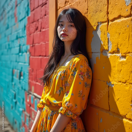 Confident woman posing against a colorful, peeling wall. Fashion meets urban decay in a bold and contrasting visual photo