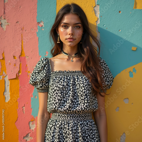 Confident woman posing against a colorful, peeling wall. Fashion meets urban decay in a bold and contrasting visual photo