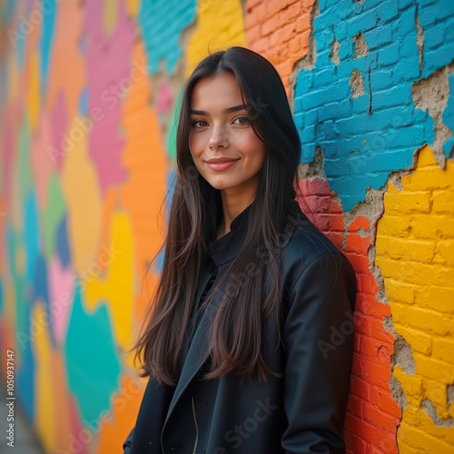 Confident woman posing against a colorful, peeling wall. Fashion meets urban decay in a bold and contrasting visual photo