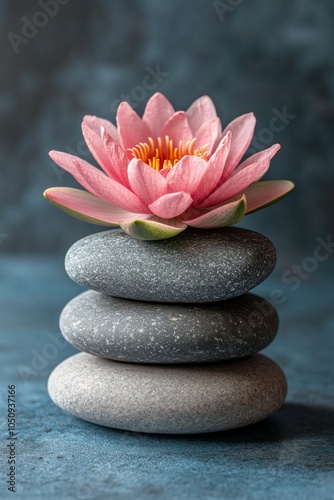 A serene pink lotus flower atop three smooth stones against a calming blue backdrop