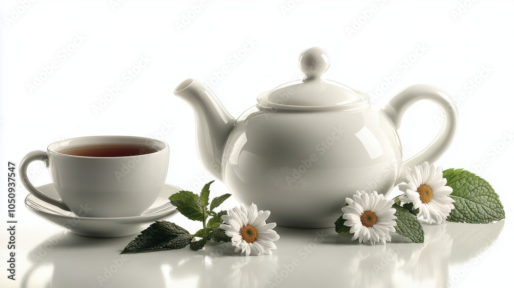 A tranquil tea setup with a teapot, cup, and fresh daisies arranged in a peaceful setting A tranquil tea setup with a teapot, cup, and fresh daisies arranged in a peaceful setting