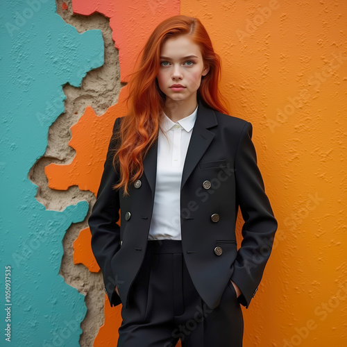 Confident woman posing against a colorful, peeling wall. Fashion meets urban decay in a bold and contrasting visual photo