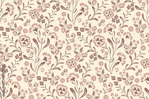 Minimal Floral pattern seamless wallpaper embroidery texture pink carnations flower motifs background border. Vintage ikat watercolour style vector illustration design hand drawn .