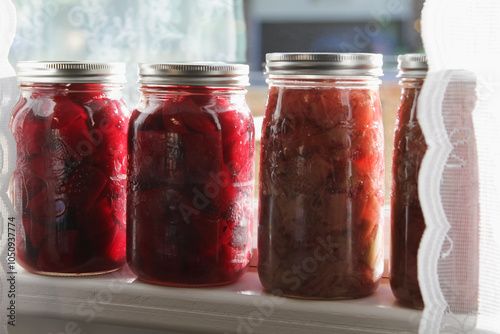 Homemade canned beets and rhubarb on a window sill; colorful display of old-fashioned food preserves