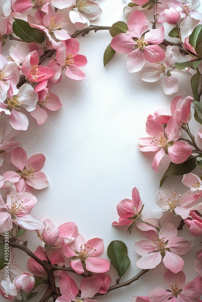 Delicate pink apple blossoms arranged elegantly around a blank canvas in natural light Delicate pink apple blossoms arranged elegantly around a blank canvas in natural light