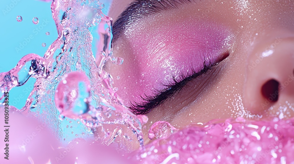 Fototapeta premium Captivating beauty a mesmerizing close-up of a serene face surrounded by vibrant pink water bubbles showcasing the essence of refreshing skincare and bold makeup aesthetics