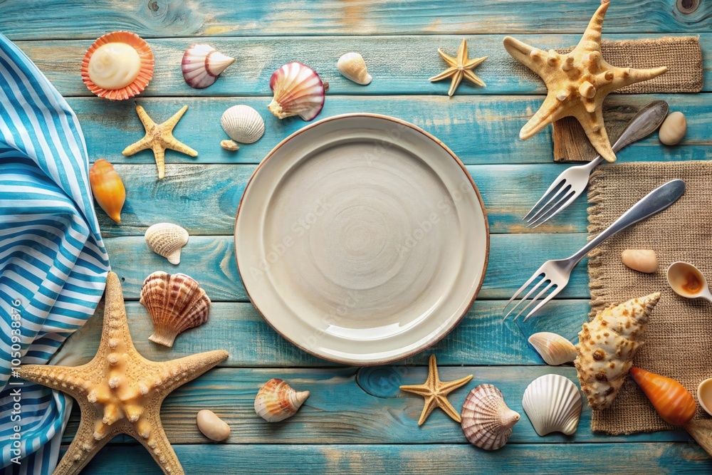 Top View of Beach Table Setting with Empty Plate and Seashells Top View of Beach Table Setting with Empty Plate and Seashells