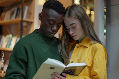 Young mixedrace couple in bookshop looking at book portrait photo