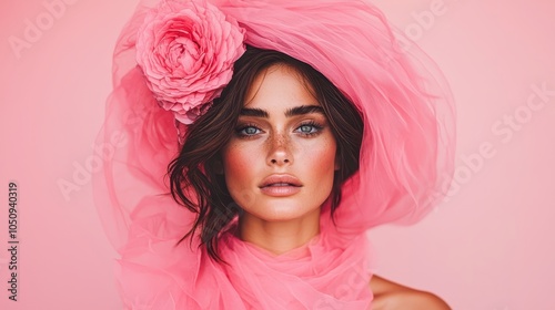 Stunning portrait of a model with a pink floral headpiece exuding elegance and beauty against a soft pink background