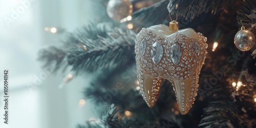 Festive gemstone tooth-shaped ornament for Christmas decor or dental-themed banner