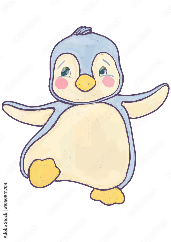 Fototapeta premium Children's illustration of cute blue penguin on white background hand drawn