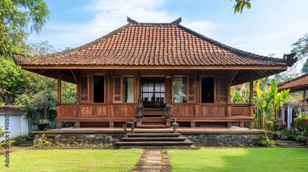 Traditional Javanese Wooden House with a Red Tile Roof Traditional Javanese Wooden House with a Red Tile Roof