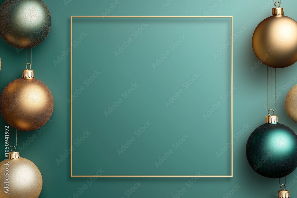 Abstract Luxury Christmas ornaments hanging on the sides of a square frame with realistic gold and green baubles, and star. Xmas festive green background with decorative balls. Abstract Luxury Christmas ornaments hanging on the sides of a square frame with realistic gold and green baubles, and star. Xmas festive green background with decorative balls.
