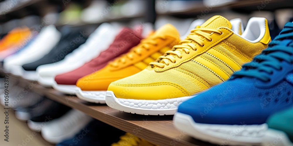 An orderly display of bright athletic shoes, showcasing a vibrant spectrum of colors and designs, appeals to fashion-savvy sport enthusiasts. An orderly display of bright athletic shoes, showcasing a vibrant spectrum of colors and designs, appeals to fashion-savvy sport enthusiasts.