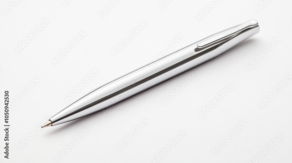 A Sleek Silver Pen on a White Background A Sleek Silver Pen on a White Background