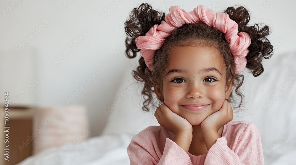 A cheerful young girl with curly hair poses with hands on cheeks, wearing a pink headband, exuding innocence and joy against a soft background. A cheerful young girl with curly hair poses with hands on cheeks, wearing a pink headband, exuding innocence and joy against a soft background.