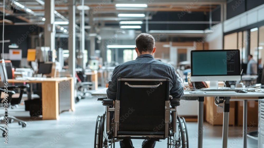 Obraz premium An evocative image of a person with disabilities excelling in a professional workspace, Advocating for workplace inclusivity, photography style