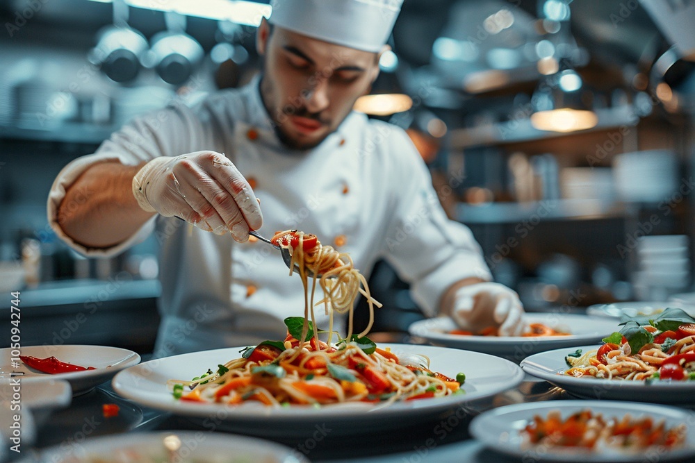 A chef meticulously garnishes a vibrant plate of pasta with fresh ingredients in a lively restaurant kitchen, showcasing culinary skills during peak dinner hours