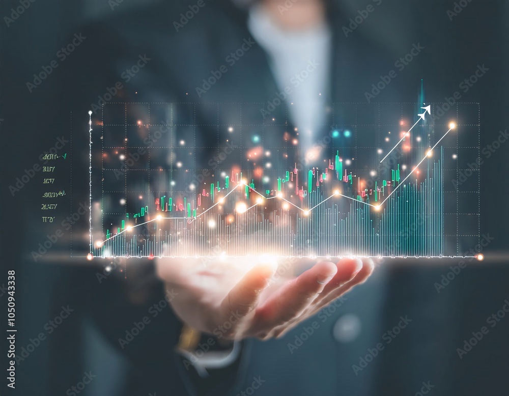 Hand showing financial growth analysis graph and market investment. Hand showing financial growth analysis graph and market investment.