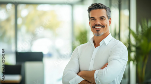 Confident Mature Businessman Smiling with Arms Crossed in Bright Modern Office Environment, Exuding Leadership and Approachability