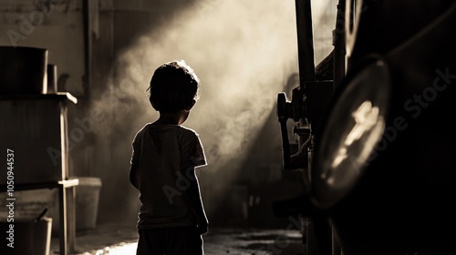 An evocative portrayal of child labor, depicting a young child working in a dimly lit factory, Representing the global issue of exploitation