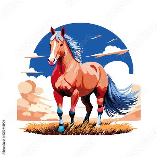 Majestic horse in pasture with cloudy sky blowing in the wind vector