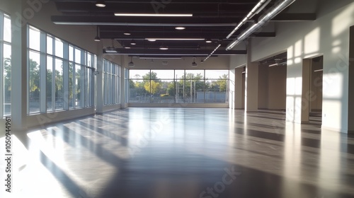 An empty bright daylight-filled gym with natural light flooding the room providing a refreshing energized ambiance perfect for quiet focused workouts in a more relaxed and open setting