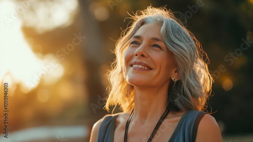 A woman with gray hair is smiling and looking up at the sun