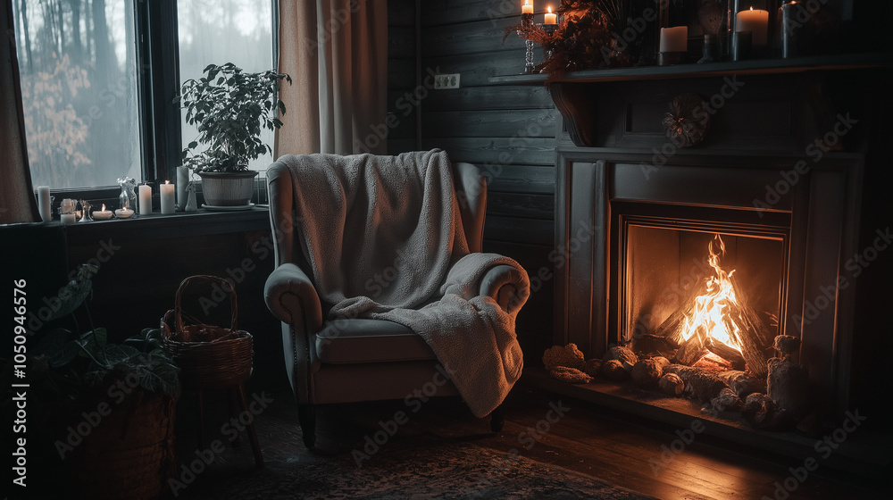 Warm Autumn Ambiance: Cozy Armchair by the Fireplace with Seasonal Decor in Neo-Noir Cyberpunk Style, Capturing Tranquil and Modern Comfort