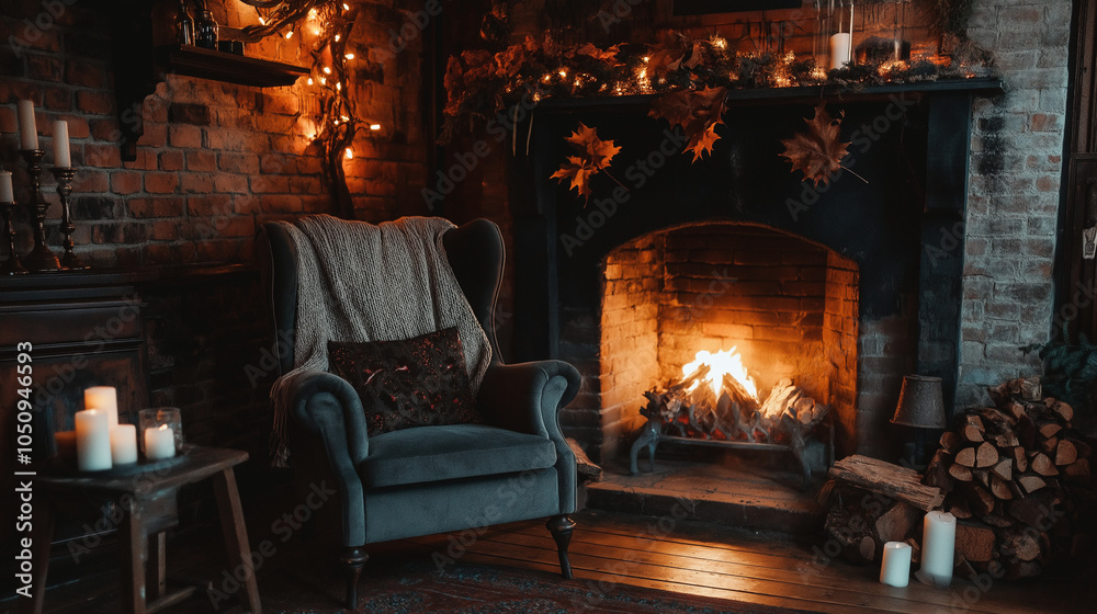 Warm Autumn Ambiance: Cozy Armchair by the Fireplace with Seasonal Decor in Neo-Noir Cyberpunk Style, Capturing Tranquil and Modern Comfort Warm Autumn Ambiance: Cozy Armchair by the Fireplace with Seasonal Decor in Neo-Noir Cyberpunk Style, Capturing Tranquil and Modern Comfort