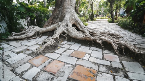 Large tree roots visibly lifting a section of a brick walkway creating hazards and structural issues photo