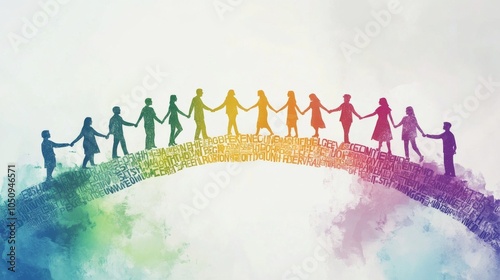 An evocative scene of a group of people holding hands across a bridge made of interconnected words like 'Equality,' 'Respect,' and 'Unity
