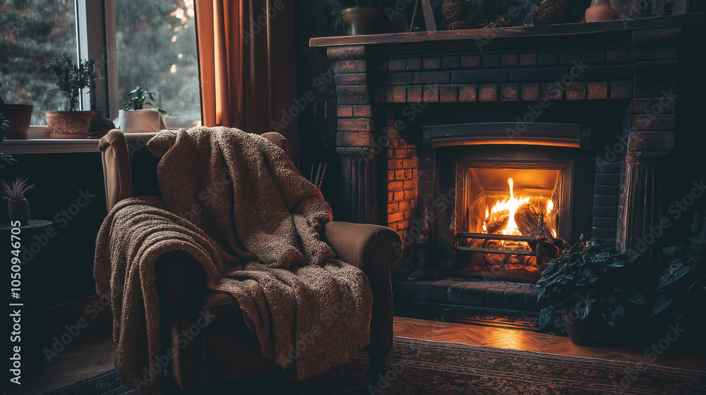 Fototapeta premium Warm Autumn Ambiance: Cozy Armchair by the Fireplace with Seasonal Decor in Neo-Noir Cyberpunk Style, Capturing Tranquil and Modern Comfort