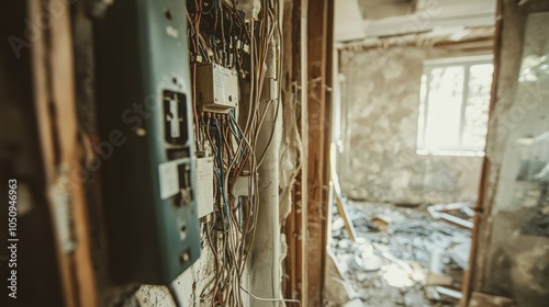 Wide shot of an area with visible faulty wiring and no electrical protection posing a safety risk for the household photo