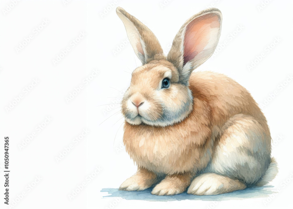 Obraz premium Ein sanft gezeichneter, flauschiger Hase sitzt ruhig vor einem weißen Hintergrund – ideal für minimalistische und naturverbundene Oster- oder Frühlingsmotive. Generative KI.