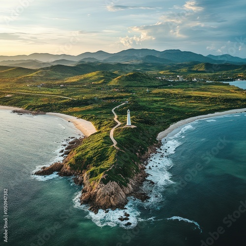 Aerial of DaiLanh Lighthouse PhuYen province photo