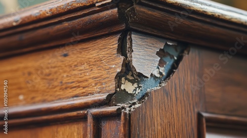 Close-up of a chipped or broken corner of wooden furniture showing clear signs of damage from everyday use