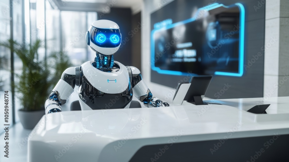 Humanoid robot working behind a reception desk in a modern office building with futuristic technology on display Humanoid robot working behind a reception desk in a modern office building with futuristic technology on display