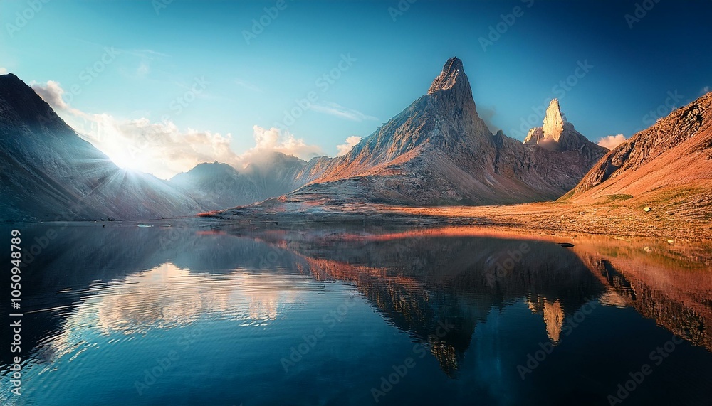 Obraz premium Scifi landscape with the reflection of the mountains in lake