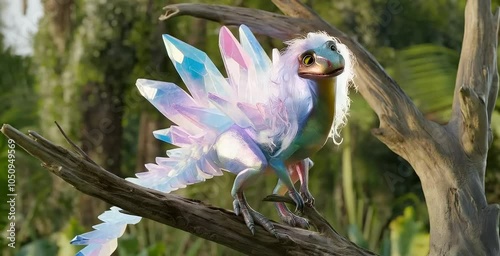 A fantastical dinosaurlike creature with a iridescent crystallike body perched on a tree branch. It has a feathery mane and iridescent scales, blending with its surroundings photo