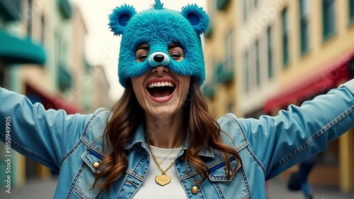 A cheerful woman wearing a vibrant blue bear mask smiles widely on a colorful city street. her casual denim jacket and heart-shaped necklace add to the playful and carefree atmosphere of the urban sce photo