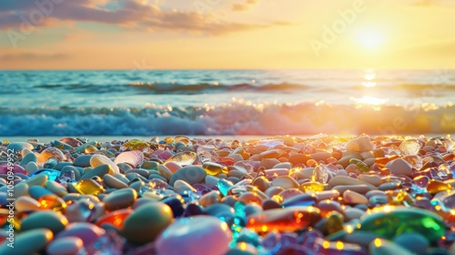 The Beach at Sunset with Smooth Pebbles and Glass Fragments.