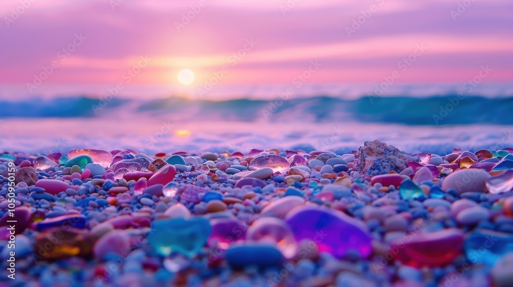 Obraz premium Colorful Sea Glass and Pebbles on a Beach at Sunset with a Pink Sky.