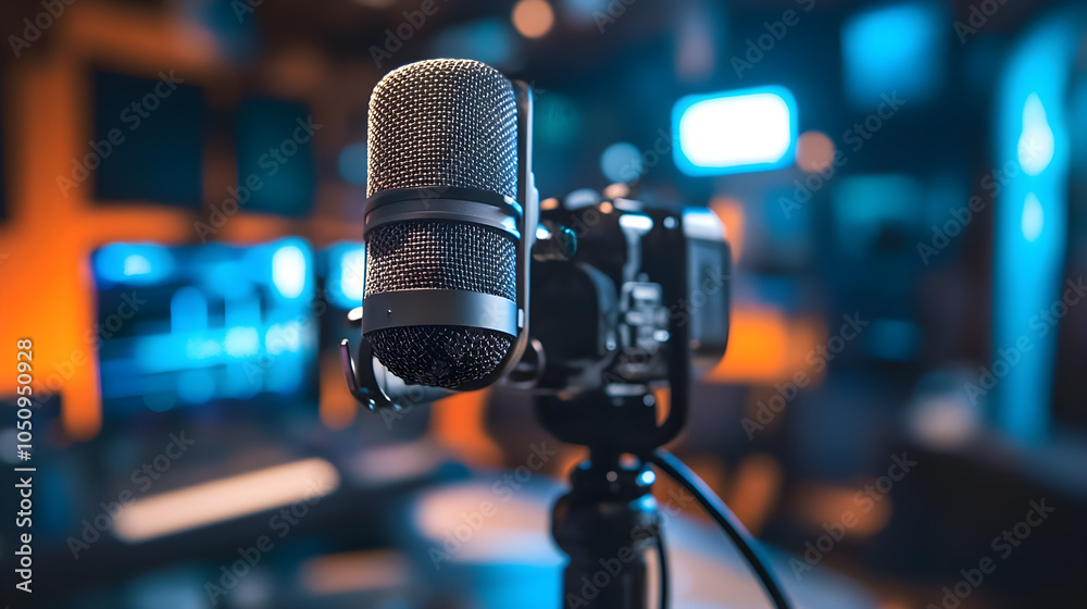 Professional microphone and camera equipment in studio setting Professional microphone and camera equipment in studio setting