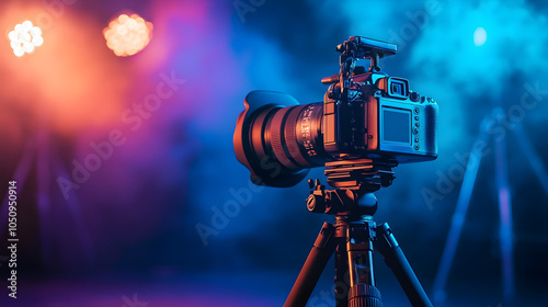 Professional camera on tripod with studio lighting and colorful background