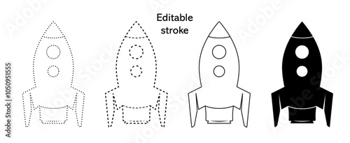 Editable stroke, abstract spaceship rocket outline, dotted line art icon vector set. Creative spacecrafts design to use for business goal, technology, science projects.