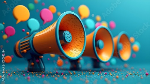 Vibrant 3D megaphones with colorful speech bubbles on a deep blue background representing powerful communication information sharing and amplification of ideas and messages