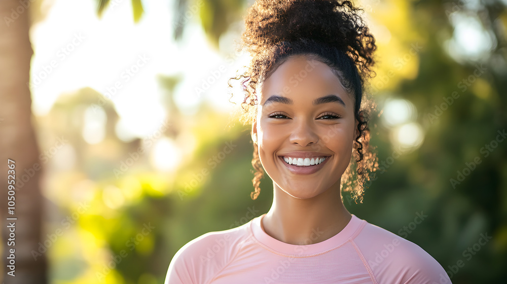 woman wearing athletic wear smiling confidently in sunny outdoor setting woman wearing athletic wear smiling confidently in sunny outdoor setting